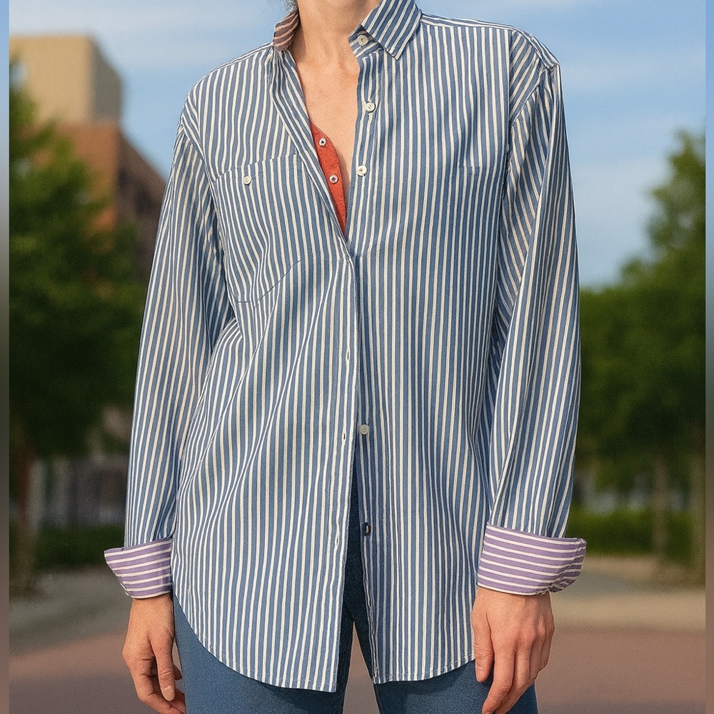 Vintage Men’s Lacoste Blue White Purple Pinstripe Button Down Shirt Size Medium